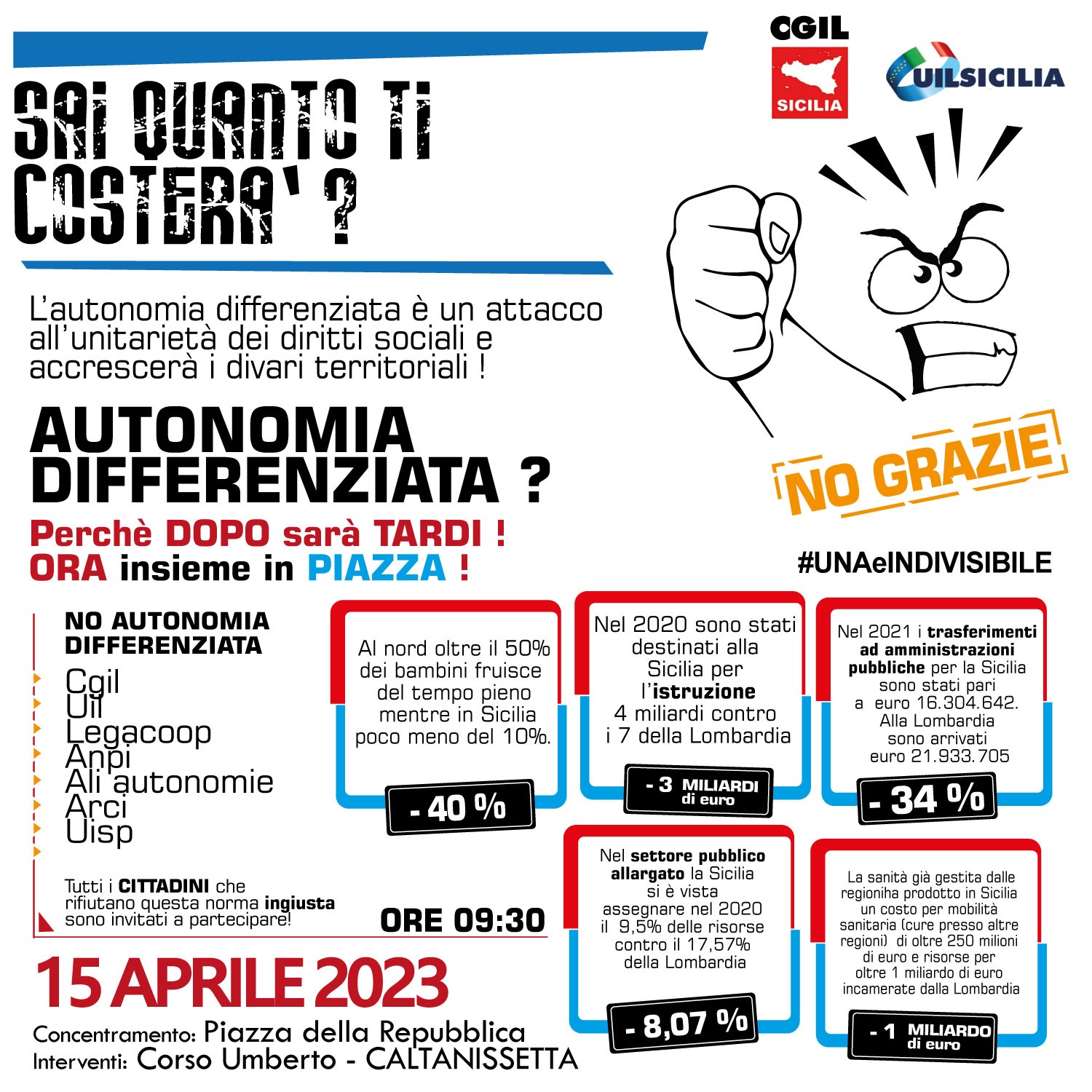 Autonomia differenziata, sabato 15 aprile manifestazione regionale a Caltanissetta