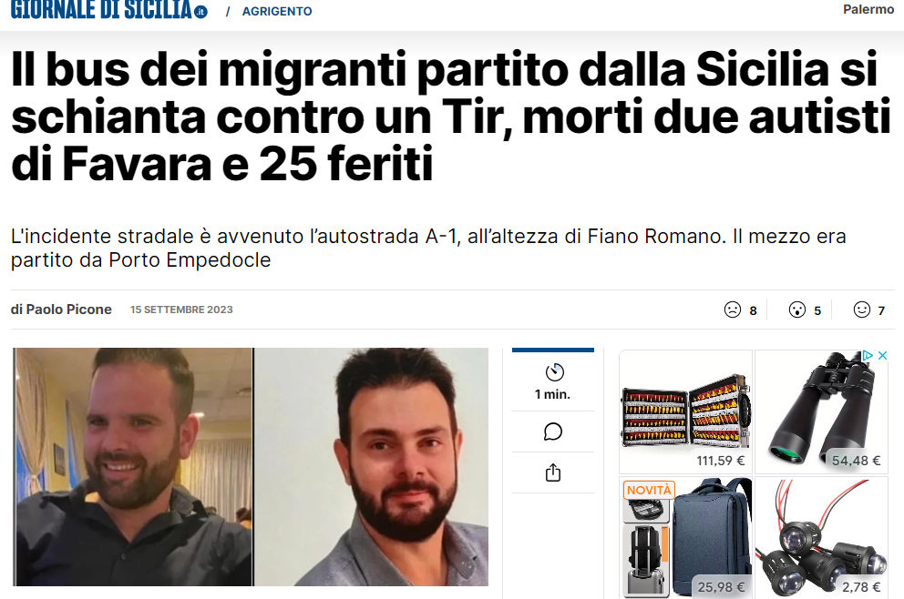 Morte sulla A1 di due autisti di Favara