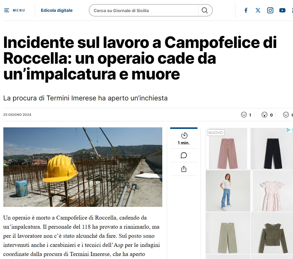 Muore operaio a Campofelice di Roccella